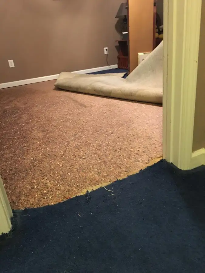Carpet pad removal revealing water damage during Drying & Dehumidification in Greenville